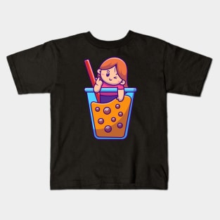 Cute Girl Loving Bubble Tea Cartoon Kids T-Shirt